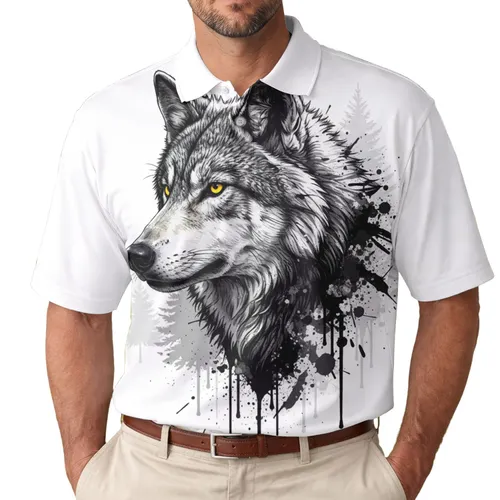Black White Wolf Head Grunge Ink Splatter - Wildlife Lover Gift Men's Polo Shirt