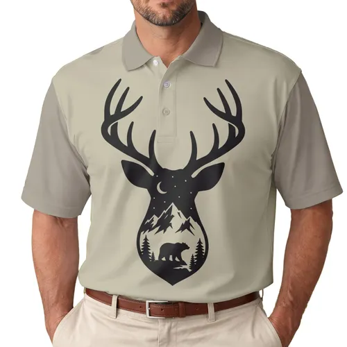 Majestic Antlered Deer Head Mountain Forest Lone Bear Moon Stars - Wildlife Lover Gift Men's Polo Shirt