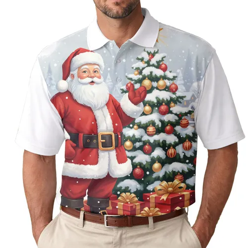 Santa Claus Christmas Tree Presents Snowy Village - Christmas Gift for Holiday Season Men's Polo Shirt