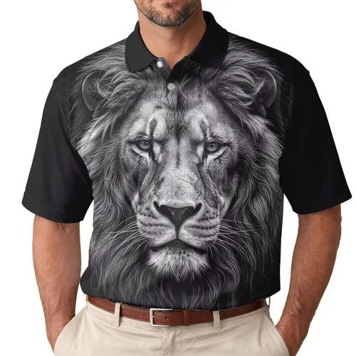 Black White Lion Face Blue Gray Eyes Mane Black Background Wildlife Lover Gift Men's Polo Shirt