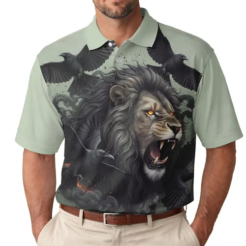 Roaring Lion Head Majestic Mane Glowing Eyes Flying Ravens - Animal Lover Gift Men's Polo Shirt