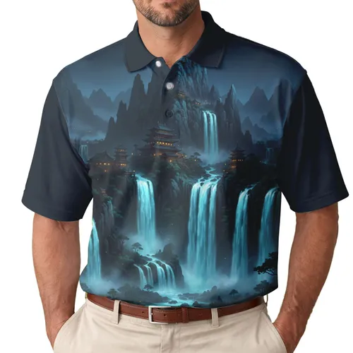 Glowing Turquoise Waterfalls East Asian Pagoda Temples - Adventure Seeker Gift Men's Polo Shirt