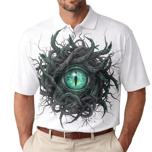 Glowing Teal Green Reptilian Eye Dark Gnarled Branches - Wildlife Lover Gift Men's Polo Shirt