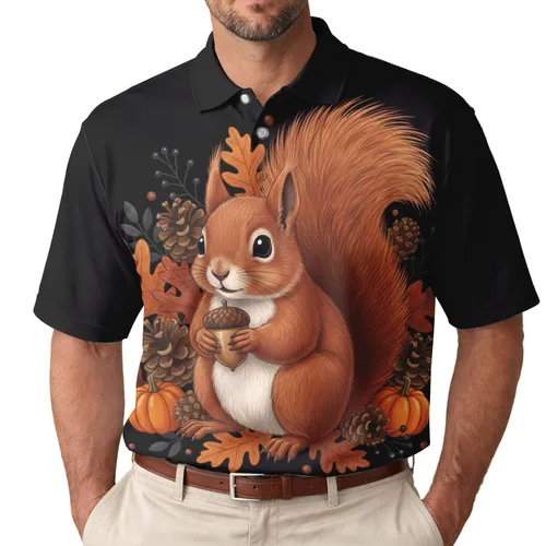 Realistic Squirrel Acorn Pinecones Autumn Leaves Berries - Wildlife Lover Gift Men's Polo Shirt