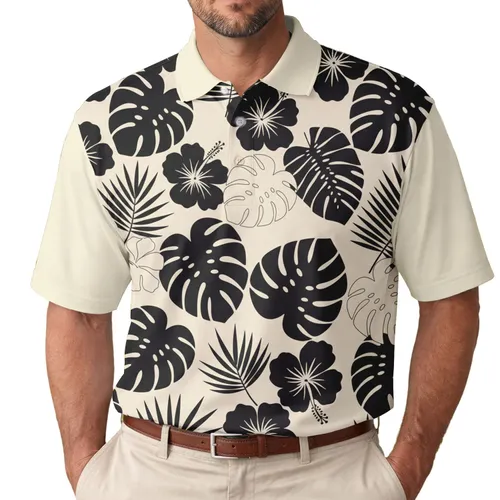 Tropical Leaves Hibiscus Palm Monstera - Summer Getaway Gift for Nature Lover Men's Polo Shirt