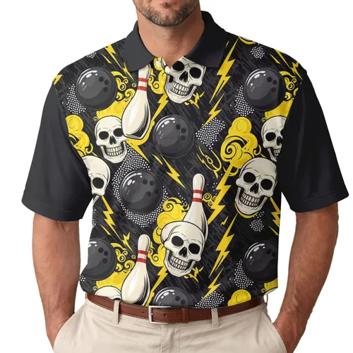 Grinning Skull Bowling Pins Lightning - Party Attire for Bowling Enthusiasts Men's Polo Shirt