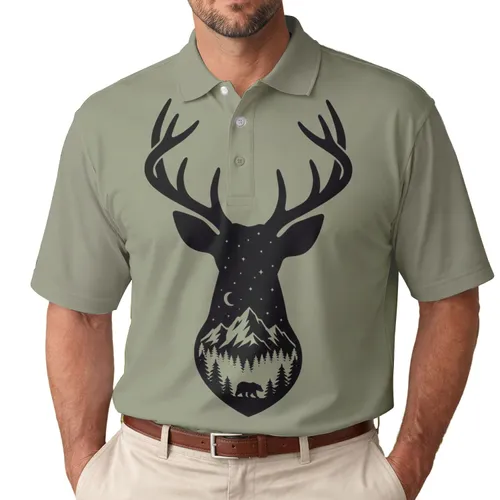 Majestic Deer Antlers Mountain Forest Bear Night Moon Landscape - Wildlife Lover Gift Men's Polo Shirt