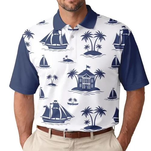 Classic Sailing Ships Palm Trees Island Building Seascape - Nautical Travel Gift Men's Polo Shirt