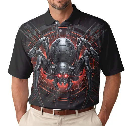 Metallic Biomechanical Spider Glowing Red Eyes - Futuristic Sci-Fi Fan Gift Men's Polo Shirt