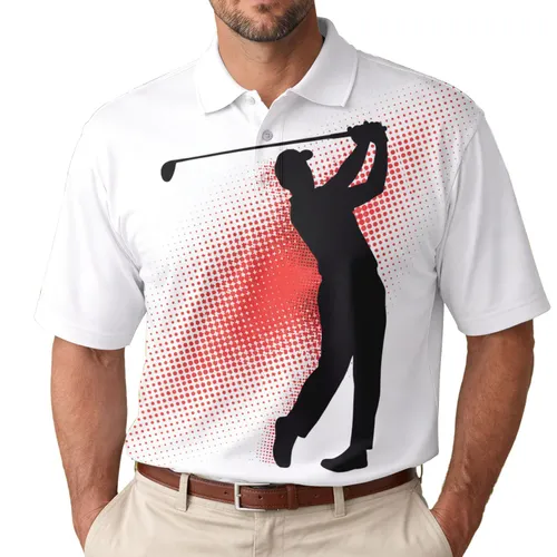 Golfer Silhouette Red Halftone Dots Field - On The Green Sporting Lifestyle Gift for Golfers Men's Polo Shirt