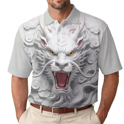 Front Facing Intense Eye White Chinese Dragon Head Cloud Swirl - Mythical Creature Lover Gift Men's Polo Shirt