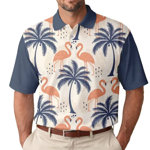 Flamingo Palm Tree Tropical Getaway - Beach Vacation Gift Men's Polo Shirt