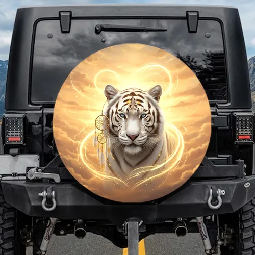 Majestic White Tiger Golden Tribal Dreamcatcher Sunset Sky - Wildlife Lover Gift Spare Tire Cover