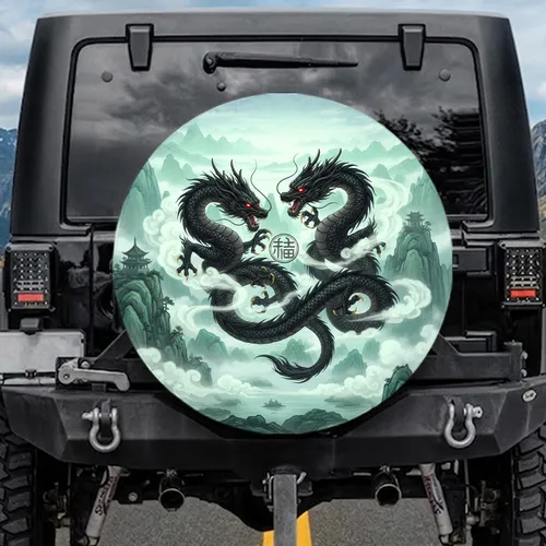 Black Eastern Dragons Misty Mountain Pagoda - Fantasy Lover Gift Spare Tire Cover