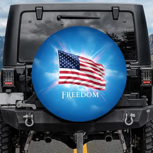 Waving American Flag Cloudy Sky - Independence Day Gift for Veterans Spare Tire Cover