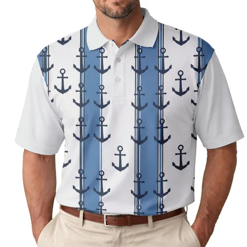 Staggered Dark Blue Anchors Vertical White and Medium Blue Stripes - Nautical Lifestyle Gift Men's Polo Shirt