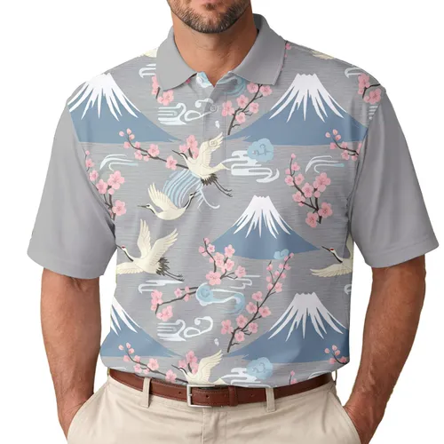 Mount Fuji Cherry Blossoms Flying Cranes - Japanese Theme Gift for Culture Enthusiast Men's Polo Shirt