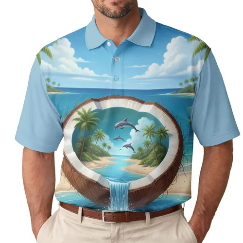 Cracked Coconut Tropical Island Scene Dolphins Waterfall - Beach Vacation Travel Gift Men's Polo Shirt