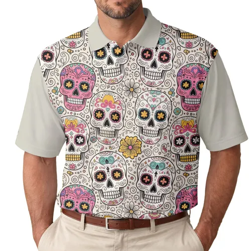 Sugar Skulls Floral Scrollwork Crosses Hearts Diamond Eye Details - Celebration Gift Men's Polo Shirt