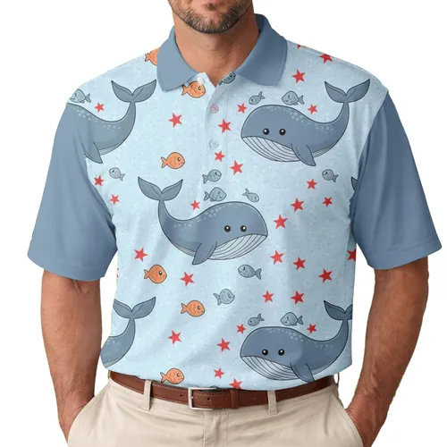 Cartoon Whales Fish Red Stars - Ocean Life Everyday Gift for Marine Life Admirers Men's Polo Shirt