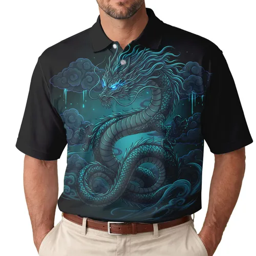 Eastern Dragon Coiling Glowing Eyes Teal Mist Clouds - Mythical Creature Enthusiast Gift Men's Polo Shirt