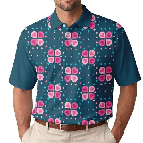 Dark Teal Scattered Heart Clover Teardrop Dot Shapes - Everyday Wear Men's Polo Shirt