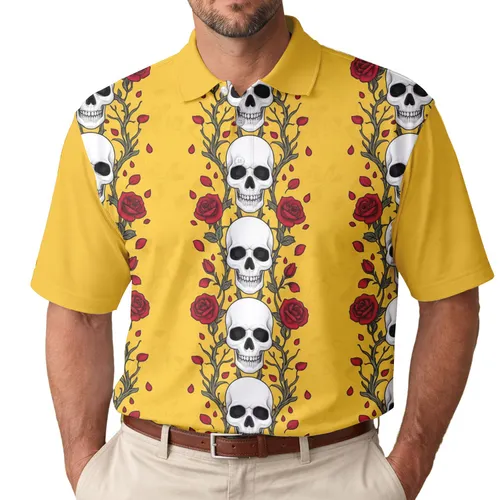 White Skulls Red Roses Thorny Branches - Everyday Style Gift for Fashion Lover Men's Polo Shirt