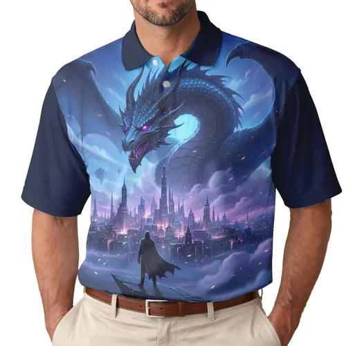 Dark Blue Dragon Cloaked Figure Fantasy City Skyline Swirling Clouds - Fantasy Lover Gift Men's Polo Shirt