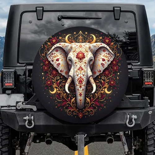 White Elephant Head Golden Filigree - Vehicle Decor Gift for Elephant Lover Spare Tire Cover