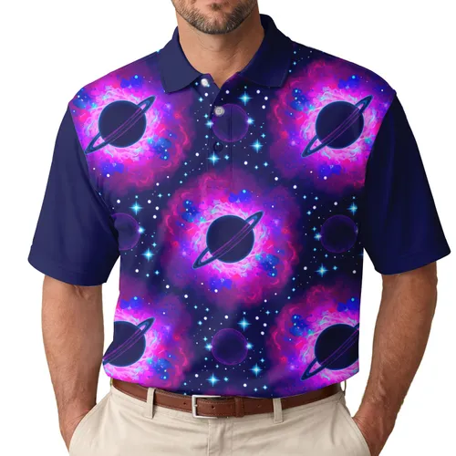 Dark Ringed Planets Swirling Galactic Arms Nebulae Stars - Cosmic Lover Gift Men's Polo Shirt