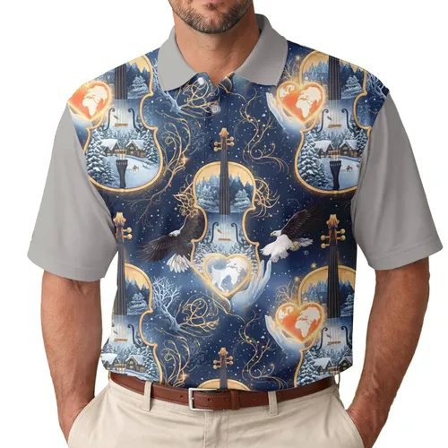 Ornate Violins Winter Landscape Bald Eagle Heart Globe Russian Girl - Fantasy Lover Gift Men's Polo Shirt