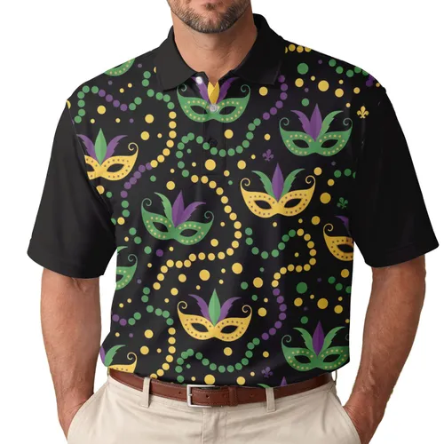 Mardi Gras Masks Feather Details Swirling Beaded Necklaces - Mardi Gras Celebration Men's Polo Shirt