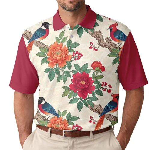 Songbirds Peonies Tree Branches Berries - Nature Lover Gift for Bird Watcher Men's Polo Shirt