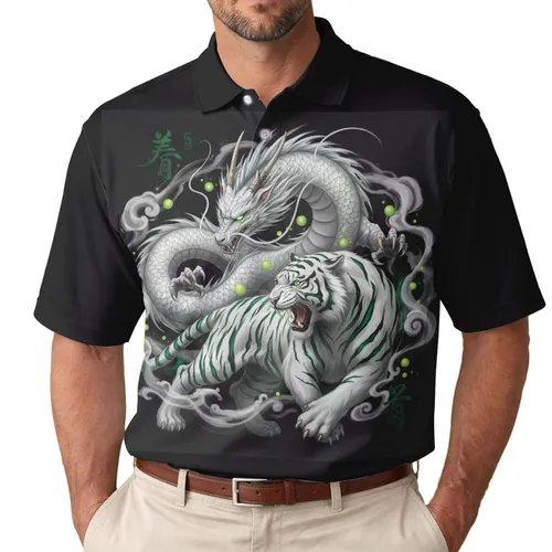Oriental Dragon White Tiger with Glowing Green Eyes and Oriental Symbols - Everyday Gift Men's Polo Shirt