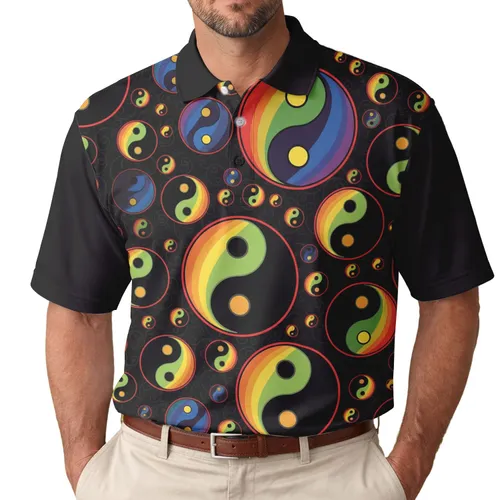 Rainbow Yin-Yang Symbols - Everyday Wellness Lifestyle Gift for Meditation Lover Men's Polo Shirt