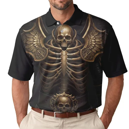 Ornate Battle-Worn Gold Skeletal Armor Winged Skull - Gothic Fantasy Lover Gift Men's Polo Shirt