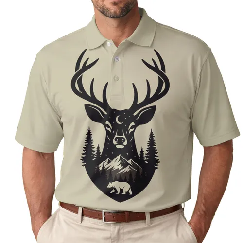 Deer Head Antlers Mountain Pine Bear Moon Stars - Nature Lover Gift Men's Polo Shirt