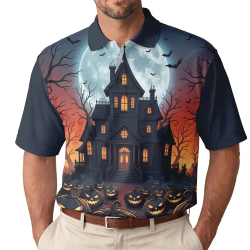 Sinister Jack-o'-lanterns Haunted Mansion Full Moon - Halloween Party Gift Men's Polo Shirt