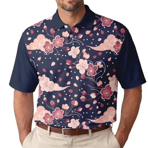 Cherry Blossoms Petals Leafy Branches Clouds White Swirls Dots - Nature Lover Gift Men's Polo Shirt