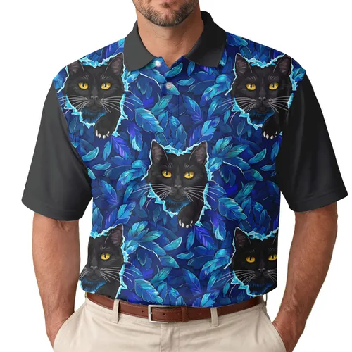 Black Cat Yellow Eye Dense Blue Feather Background Jagged Tear - Everyday Wildlife Gift Men's Polo Shirt