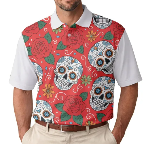 Sugar Skull Red Rose Diamond Flowers - Dia de los Muertos Celebration Gift Men's Polo Shirt