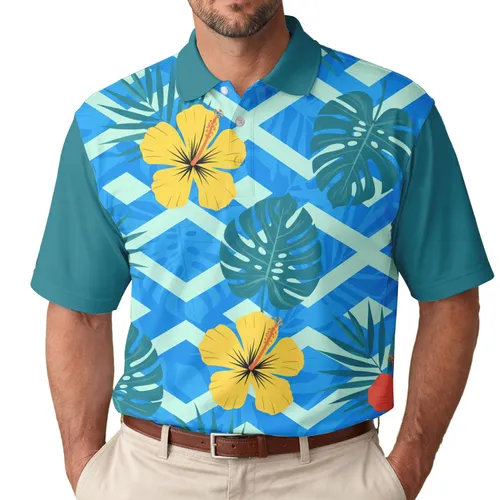 Hibiscus Tropical Palm Leaf Chevron - Vacation Essentials for Travel Lover Men's Polo Shirt
