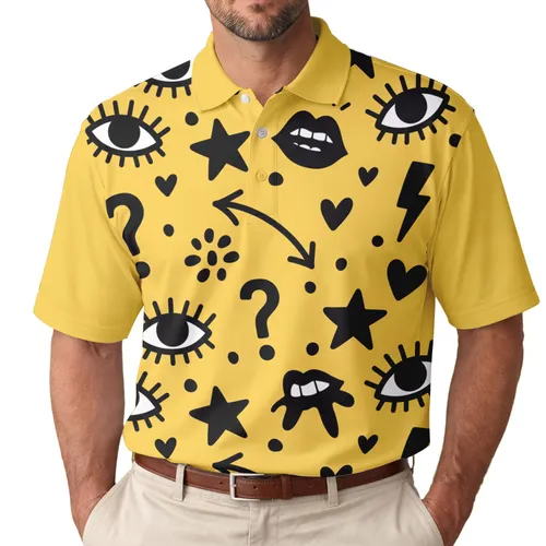 Black Eyes Lips Stars Hearts Lightning Arrow Questions Squiggles - Everyday Casual Lifestyle Wear Men's Polo Shirt