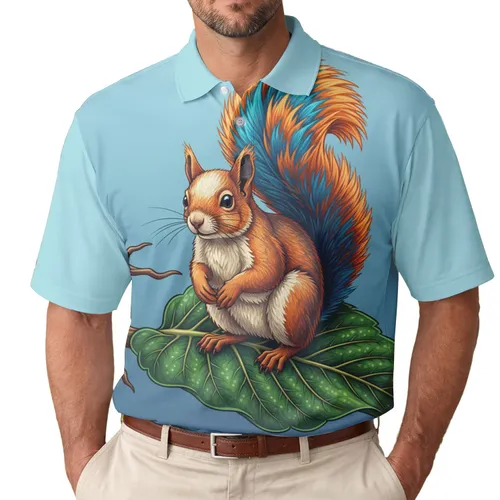 Realistic Squirrel Vibrant Blue Tail Emerald Leaf - Wildlife Lover Gift Men's Polo Shirt