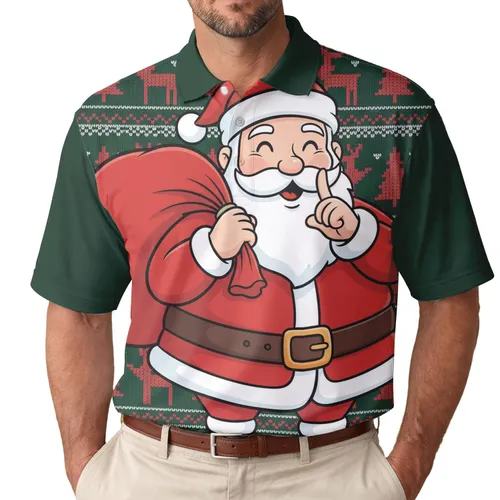 Santa Claus Shush Gift Sack Deer Snowflakes Christmas Tree - Holiday Party Gift Men's Polo Shirt