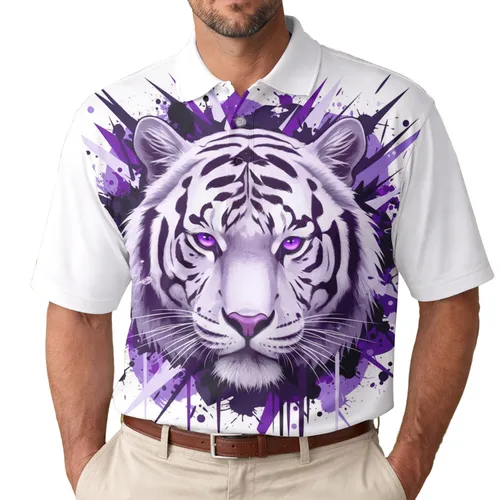 White Tiger Purple Stripes Paint Splatter Shards - Wildlife Lover Everyday Use Gift Men's Polo Shirt