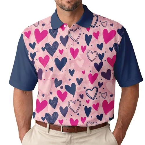 Scattered Outlined Multi-Shade Distressed Glitter Hearts Love Celebration Gift for Partners and Friends Men's Polo Shirt