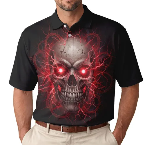 Menacing Skeletal Skull Face Sharp Teeth Burning Red Eyes Red Energy - Halloween Party Men's Polo Shirt
