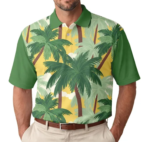 Lush Tropical Palm Trees Sunny Yellow Sky Clouds - Tropical Beach Vacation Wear Men's Polo Shirt