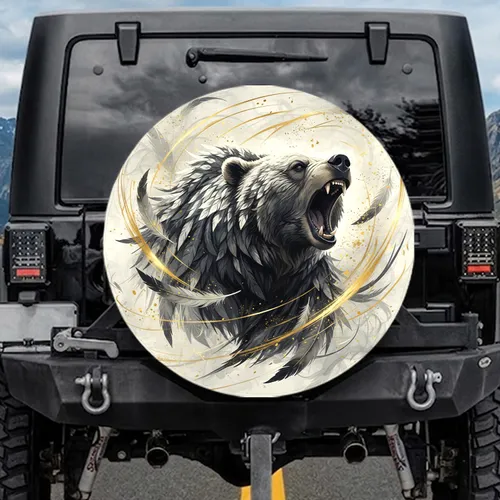 Roaring Bear Head with Glowing Golden Energy Feather Motifs Wildlife Lover Gift Spare Tire Cover